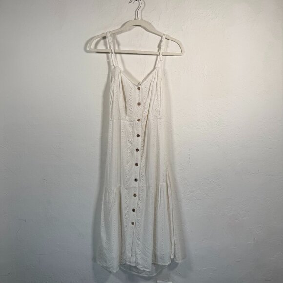 Brave Soul M White Eyelet Embroidered Cutout Tie-Back Button Midi Dress - Picture 1 of 12